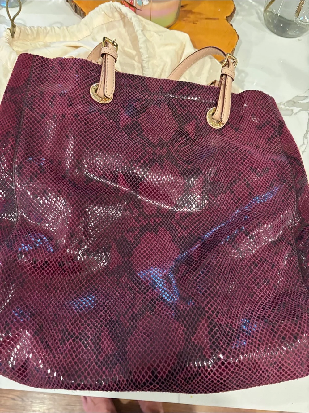 Michael Kors Wine Snake-Print Tote with Tan Straps